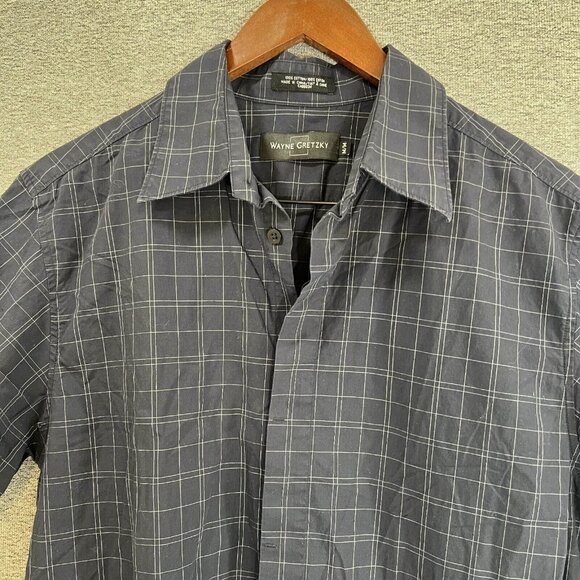 Wayne Gretzky Button Down Shirt Men Size M Navy Blue Window Pane Short Sleeve - Picture 3 of 12